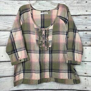 Maurices Plaid Henley Blouse Size 2x Plus Pink Green Cotton